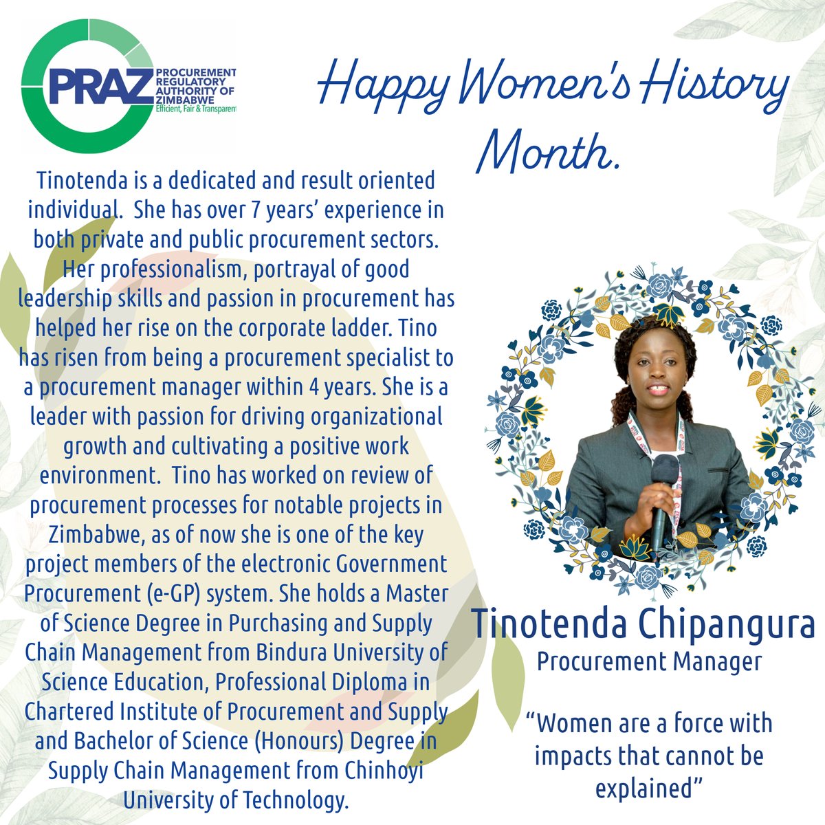 Celebrating remarkable women in public procurement. Tinotenda Cordelia Chipangura is a leader of competence, in management. She is a passionate woman with a drive to foster a positive work environment. #InclusivityInPublicProcurement #InternationalWomensMonth2024