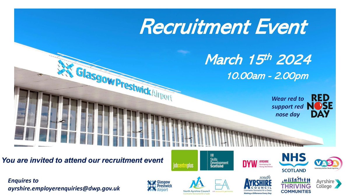 Today we’re at the Recruitment Event being held at Prestwick Airport ✈️ Come meet us from 10-2pm and hear about the South Ayrshire Hospitality Hub - A funded programme that will take you to new heights in hospitality! The next course starts 19th March in Ayr! @GPAPassenger