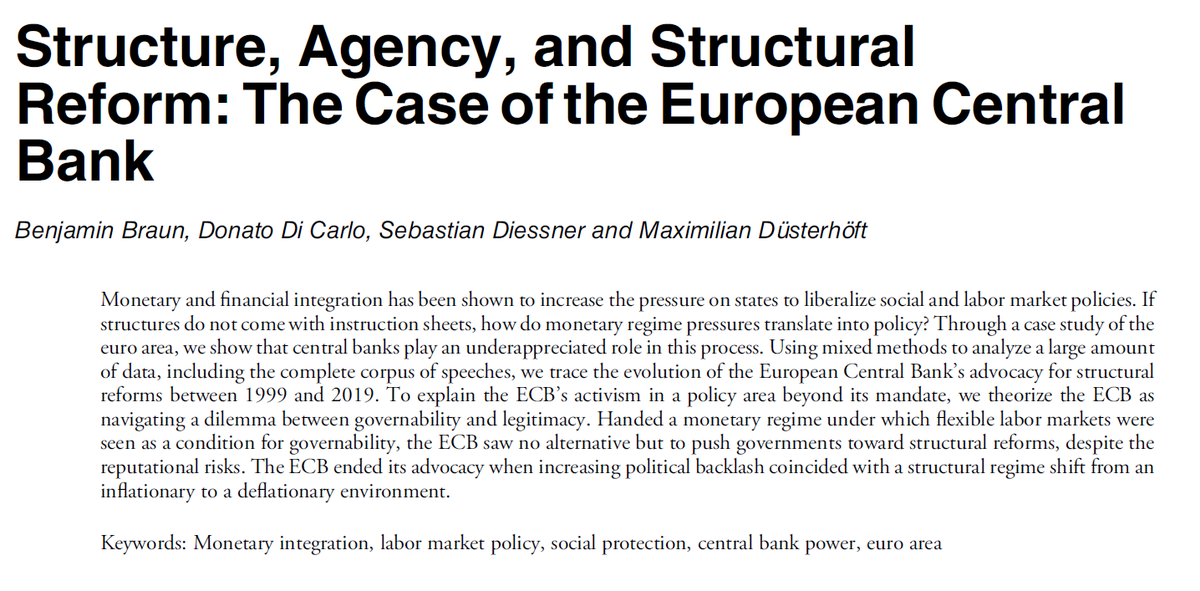 A paper about the #ECB's advocacy for labor market structural reforms–how is that even a thing? That's the question! To answer it, we've packed a lot into this new @PoPpublicsphere article w/ @BJMbraun @SebDiessner & Max Düsterhöft. 👉doi.org/10.1017/S15375… Some highlights 🧵