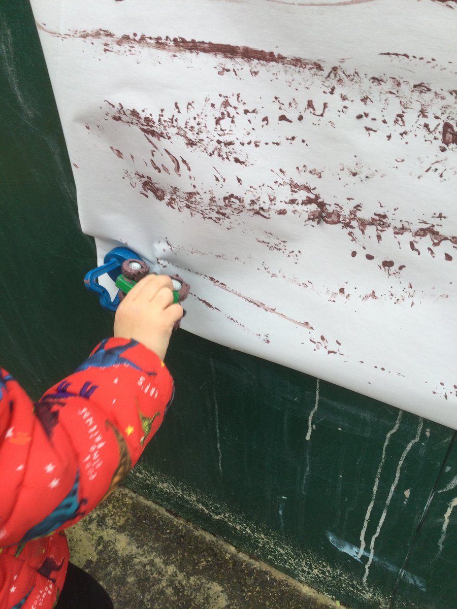 Muddy tractor tracks 🚜 mark making on a large scale using different sized tractors outside in Nursery this week #Earlyyears #markmaking #nurseryclass