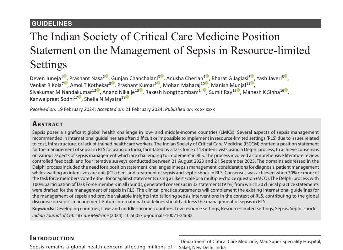 SheilaMyatra's tweet photo. Proud to present the ISCCM Position Statement on the Management of Sepsis in Resource Limited Settings. A consensus among experts using a Delphi methodology to develop 20 Clinical Practice Statements. 
https://t.co/DnODjbDyeW 
@isccmnational @SCCM @esicm @Drnasap https://t.co/tvszjYYe4C