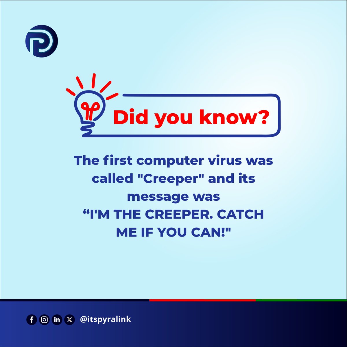 itspyralink's tweet photo. This creepy crawler wasn't so scary!
Did you know the first computer virus, Creeper, displayed this message in 1971?
#FunFactFriday
#Pyralink
#Cybersecurity #computerhistory
#FunFactFriday
#cybersecurityawareness https://t.co/7Q5QT71PlV