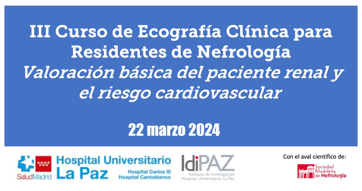 La semana que viene tenemos el III Curso de Ecografía Clínica para Residentes de Nefrología 🏥
Valoración básica del paciente renal y el riesgo cardiovascular 🩺
🗓️ 22 de marzo
📍 Hospital Universitario La Paz
Inscripción gratuita ⬇️
#SOMANE #Nefrología
somane.org/posts/post/iii…