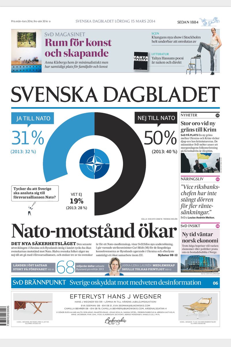 matsholmberg's tweet photo. Intressant, detta är #svd:s förstasida idag (15/3) för tio år sedan (2014). Finns i SvD:s digitala arkiv. Rekommenderar läsning. #perspektiv #NATO #UkraineRussianWar https://t.co/76K9BtsYAg