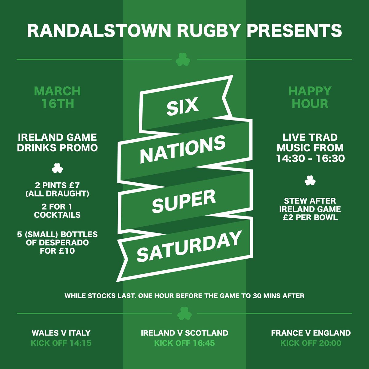 1 more sleep 😍 Super Saturday is back tomorrow and it’s an action packed day As well as all the 6 Nations action, we have live traditional music Don’t forget to get your free tickets here: randalstown.rugby/event/super-sa…