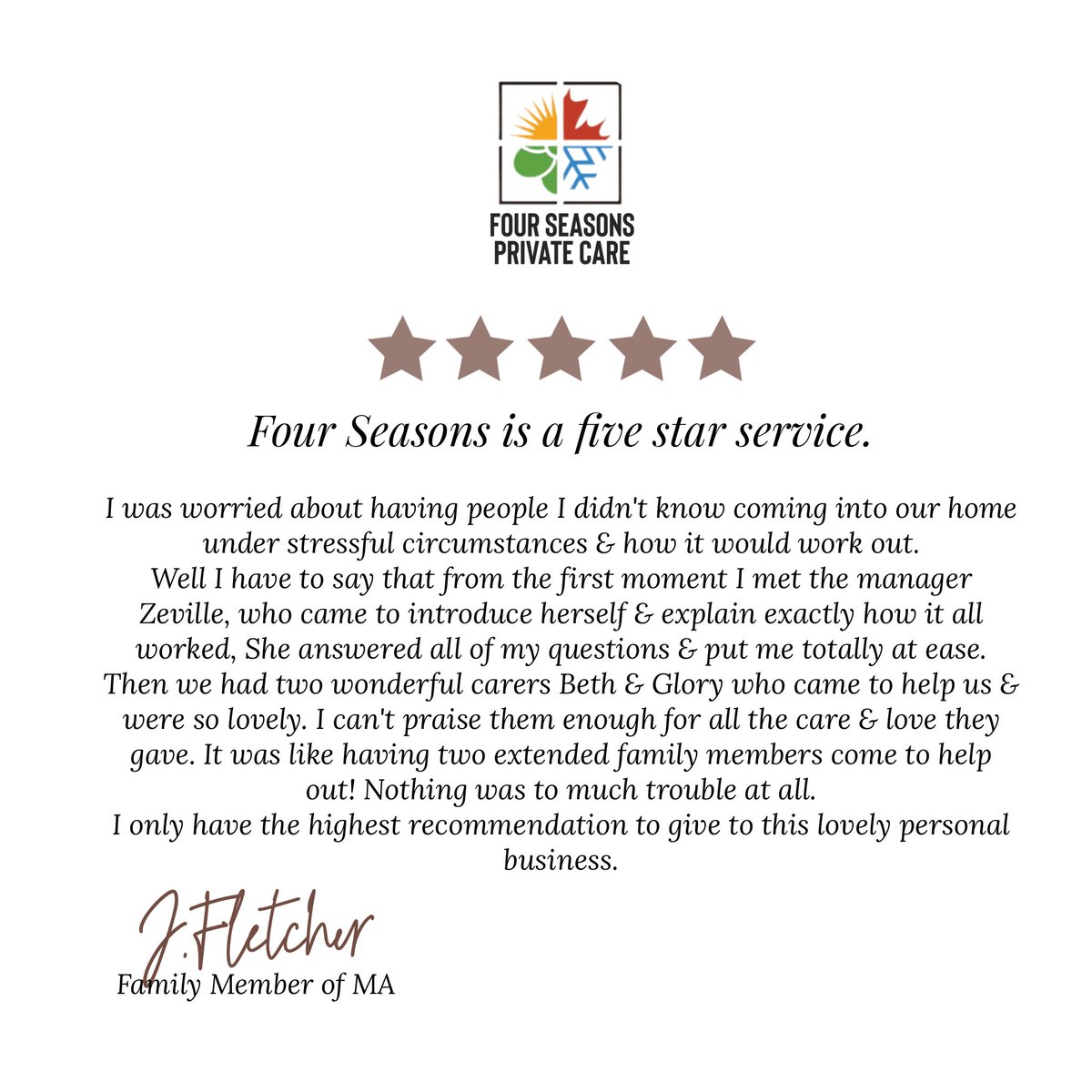 FSPrivateCare's tweet photo. 𝓕𝓲𝓿𝓮 𝓢𝓽𝓪𝓻 𝓡𝓮𝓿𝓲𝓮𝔀 🌟

Feedback from our clientele are the precise reason Four Seasons Private Care Ltd began its journey! 🛤️ https://t.co/ksrxUjEVtG