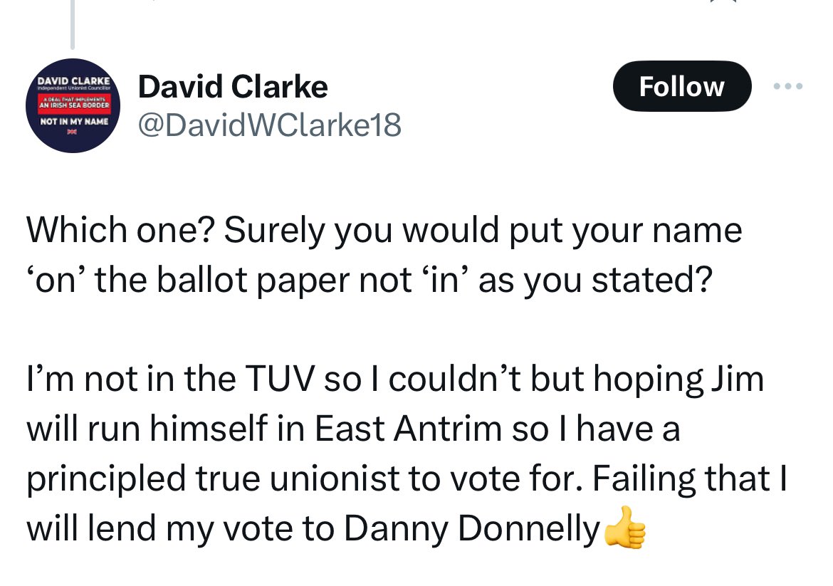 So the TUV have admitted to their membership someone who would vote for the Alliance Party over a fellow unionist 🤔 tells you all you need to know about the destructive nature of the TUV. They are not the future.