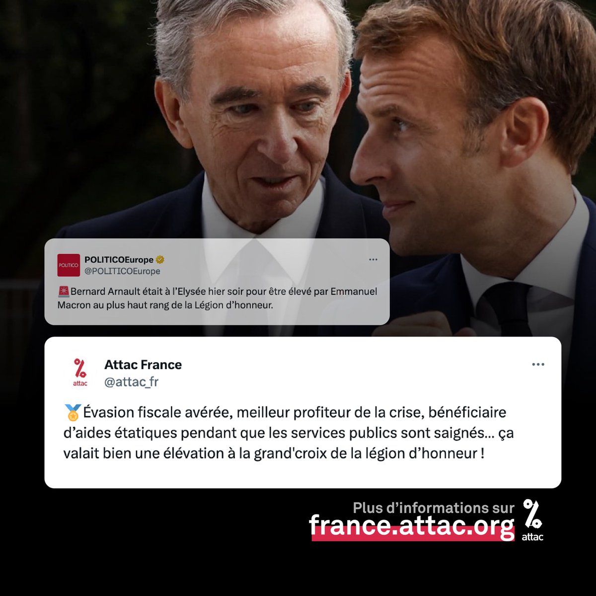attac_fr's tweet photo. Enrichissement indécent de Bernard Arnault pendant la crise, versement de dividendes records tout en licenciant et bénéficiant du chômage partiel, évasion  fiscale avérée... 

Les raisons ne manquaient pas à Emmanuel Macron pour l'élever à la grand'croix de la  Légion d'honneur ! https://t.co/HwmJhTM4Tl