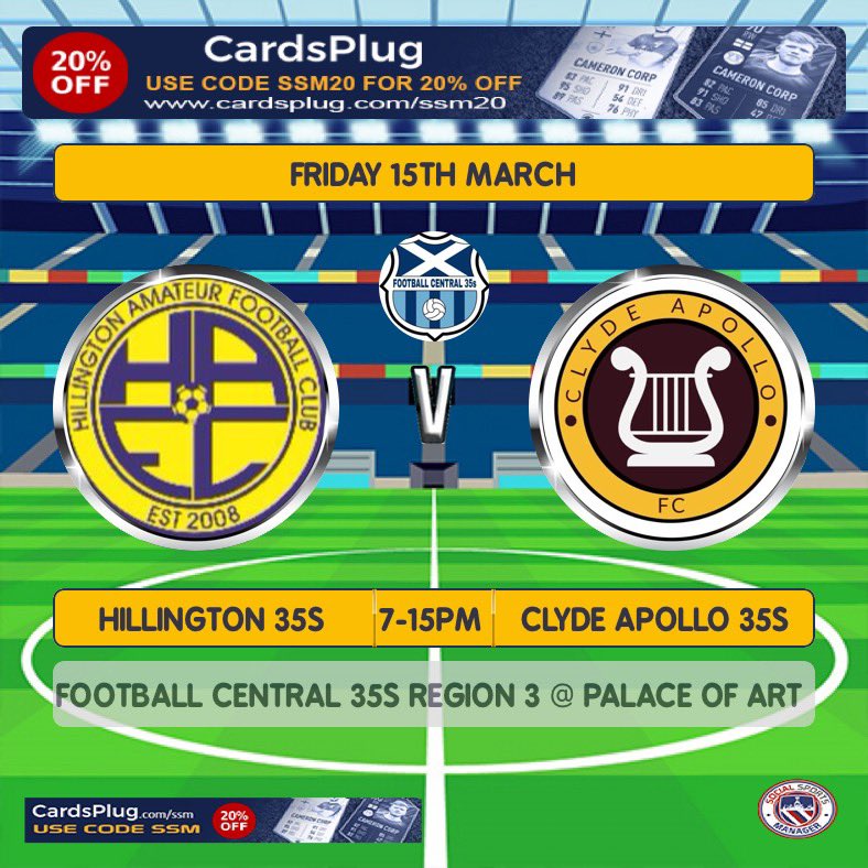 <a href="/AfcHillington/">Hillington AFC</a> <a href="/centregions35s/">Football Central 35s</a> <a href="/scottish_aff/">AmateurFixturesResultsSCO</a> 
Tonight Hillington welcome <a href="/clydeapollofc/">Clyde Apollo FC</a> to Palace of Art for their second league game of the season . Looking to build on a good win /performance last week . 💛💙