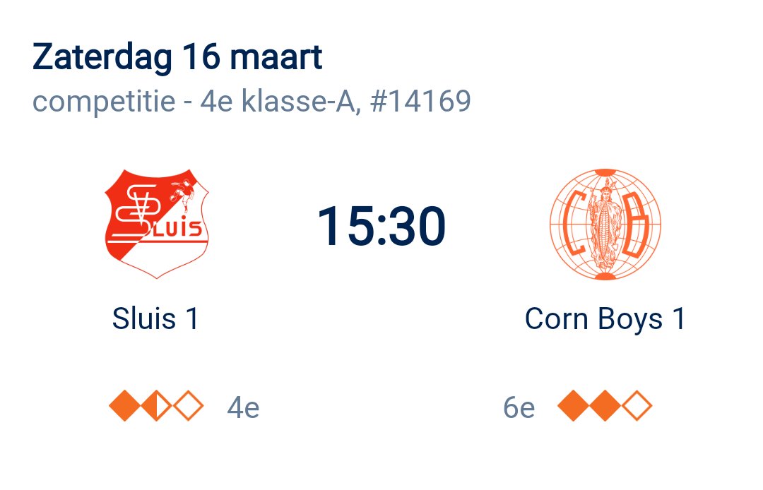 ⚽️ Matchday⚽️
Morgen een moeilijke uitwedstrijd naar SV Sluis. Slagen onze boys erin om de 3 punten mee naar Sas. Van Gent te brengen. Alle support is welkom. 
Let op! Westrijd start om 15;30u. 
#OneTeamOneFamily #cornboyssasvangent