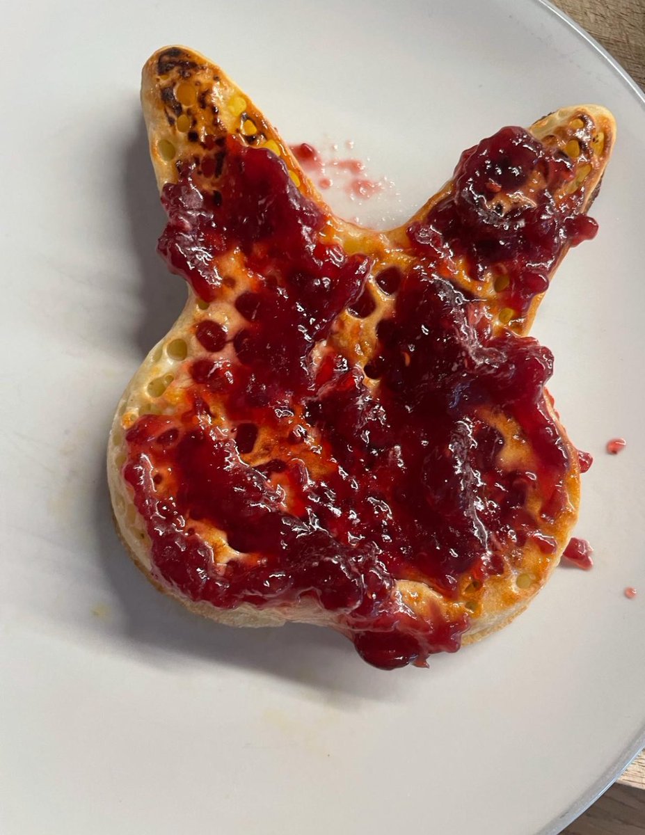 I bought <a href="/marksandspencer/">M&S</a> Easter Rabbit Crumpets. And with jam they look like myxomatosis roadkill. 🐣