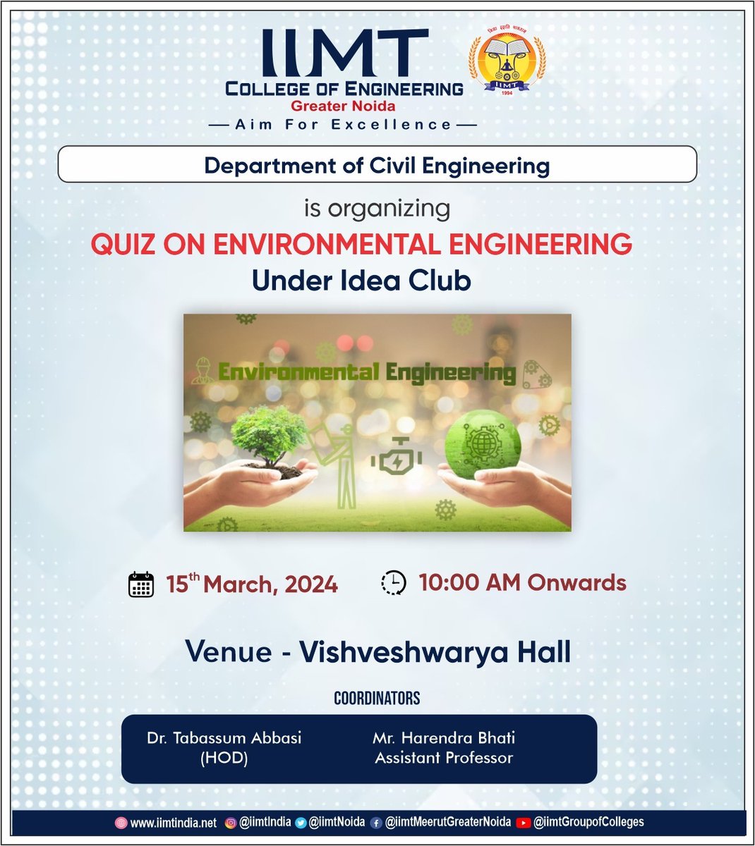 An exhilarating quiz session hosted by the Department of Civil Engineering's Under  IDEA Club!
.
iimtindia.net
Call Us: 9520886860
.
#IIMTNoida #IIMTGreaterNoida #IIMTDelhiNCR #IIMTIndia #iimtcollegeofengineering
#EnvironmentalEngineeringQuiz #Sustainability #IDEAClub