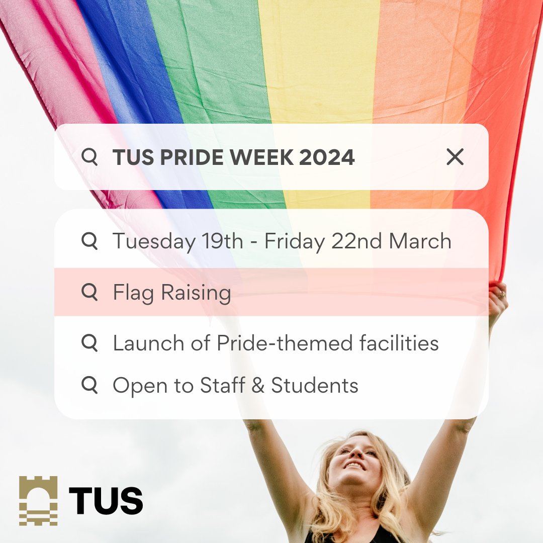 Next week is TUS Pride Week. Check out the schedule of events on our webpage, including flag raising & two launch events celebrating the development of new Pride-themed works on Athlone & Moylish campuses - open to staff & students. Join us on the day! 🌈 tus.ie/edi/events/