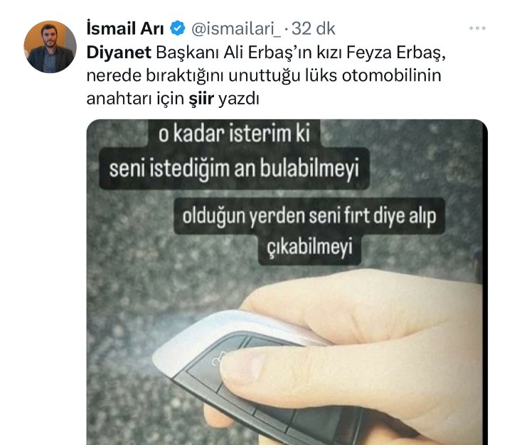 Bu ülkenin onurlu bir çocuğu ailesine yük olduğu için metronun rayları içinde can verirken Diyanet i̇.Başkanı Ali'nin kızı lüks arabası için şiir yazıyor...
Yazıklar olsun!
Allah sorumlularını aynı acıyla sınasın!