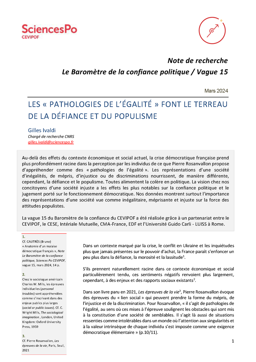 1/2 #BaromètreConfiance Nouvelle note de recherche sur la vague 15 « Les 'pathologies de l’égalité' font le terreau de la défiance et du populisme » par @GillesIvaldi @CEVIPOF @sciencespo @ScPoResearch Lien vers la note ⤵️ sciencespo.fr/cevipof/sites/…