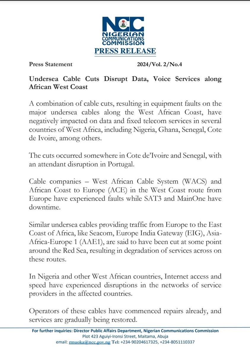 africatechie's tweet image. In the absence of any official communication from 🇨🇲 government, here is the press release from Nigeria Communications Commission on the cause of the internet disruptions in the region 
👇🏾👇🏾👇🏾