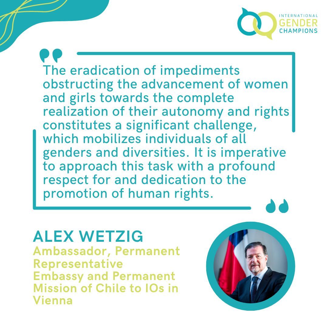 Welcome among the #INTGenderChampions in Vienna, Ambassador Alex Wetzig of Chile to IOs!🇺🇳🇨🇱 👉Read his commitments for #GenderEquality: buff.ly/49Tr2Ri @ChileONUViena