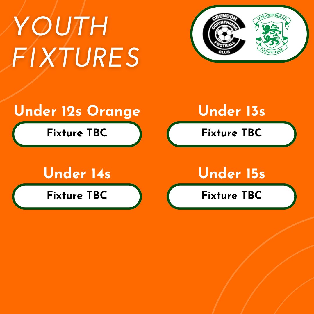 📅 Fixtures⁠ ⁠ Ahead of the weekend, these are the fixtures for Crendon Corinthians YFC. ⁠Best of luck to all of the teams! 🧡💚⁠ ⁠ ⁠ For more information visit crendoncorinthians.com