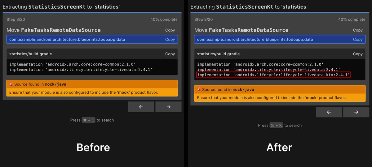 ragunathjawahar's tweet image. ✨Modularization tool update!
The tool can spot artifacts that contain inline functions.
⚡️Next up
Support for Android resources
#modularization #androiddev