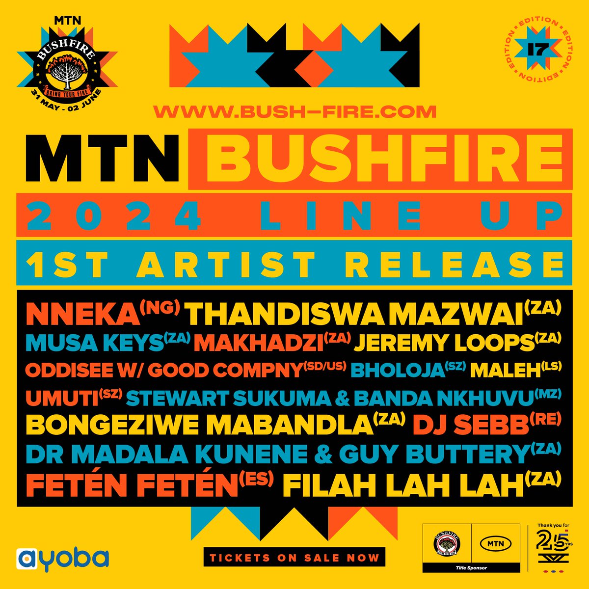 Coming in HOT 🔥 The official MTN Bushfire 2024 1st Artist Drop! Get ready to #BRINGYOURFIRE🔥and experience the diversity and cultural fusion! Tickets bush-fire.com/tickets/ & @MTNSwaziland MoMo (Eswatini only) #MTNBUSHFIRE2024