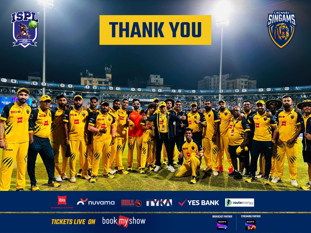 Thank you for all the love and support 💛 We will be back stronger next season 💪 @RouteSms @SandipG38377073 @Suriya_offl @ispl_t10 #Roar2Rule #ChennaiSingams #ISPL #Street2Stadium #isplT10 #NewT10Era #GullyCricket #SuriyaSivakumar #TervaiAlunkal #PrideOfTheSouth