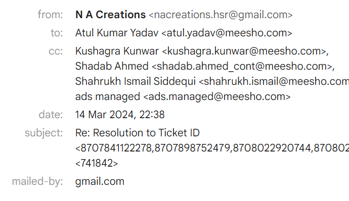 Nitinagarwal01's tweet photo. @meesho_support All these are connected through mail but no response from their side https://t.co/hvnF3ovg4u