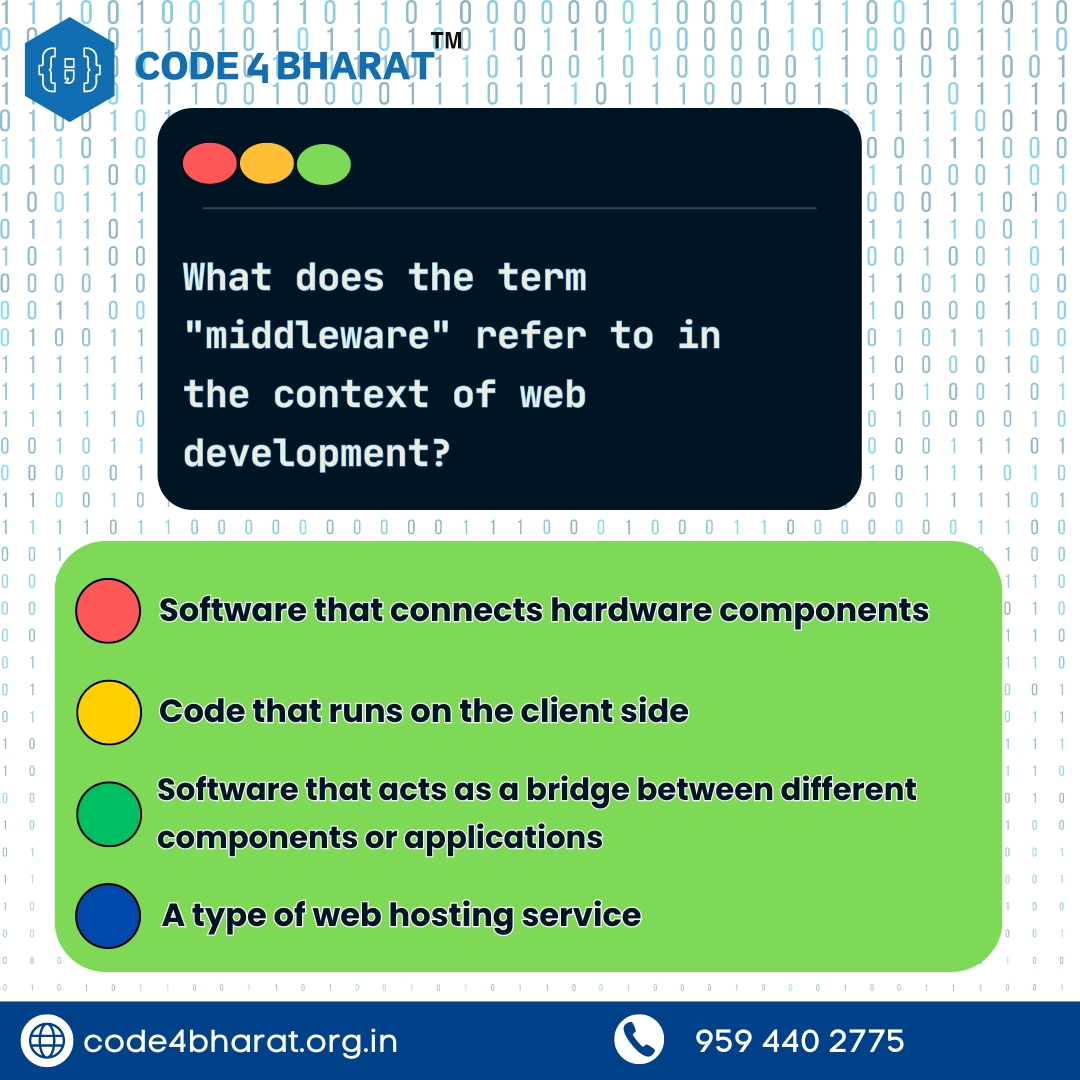 Code4Bharat's tweet image. 🌟 Calling all coding enthusiasts! Let's unravel the mystery of "middleware" in web development together! 💻💡 Drop your answer below and tag your coding buddy to join the discussion! #CODE4BHARAT #WebDevExplained #CodingBuddies #TechCommunity