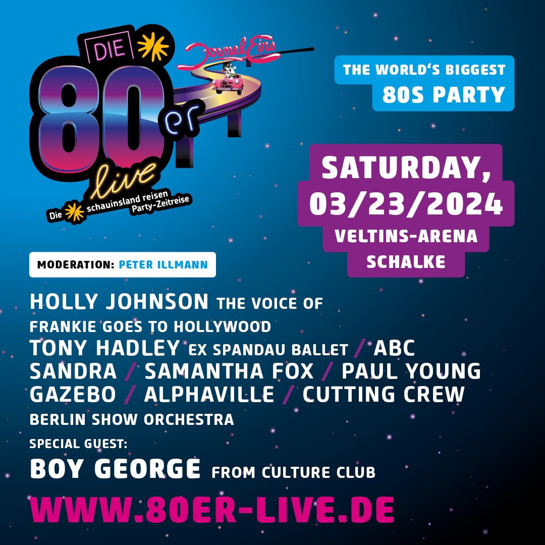 CALLING GERMANY! We can’t wait to see you on Saturday March 23rd at #die80erlive

Get your tickets here: 80er-live.de

#80slive @BoyGeorge @ABCFRY #80sparty