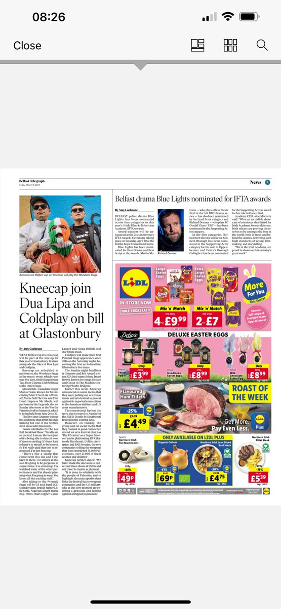 Side by side in today’s Bel Telegraph, one article noting the excellence of ‘Blue Lights’ which had a harrowing episode on the shooting of a child….. and another on the popular success of a band which is specifically named after the shooting of children and young adults…