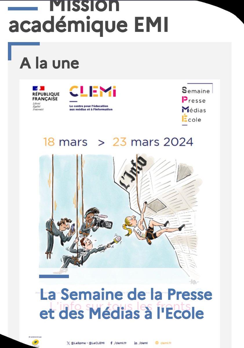 📢 Tic- tac la semaine de la presse et des médias approche #SPME2024 . Venez consulter le programme de @actoulouse. Au menu : 📌 Des webinaires 📌Des ressources 📌Des formations pedagogie.ac-toulouse.fr/emi/temps-fort…