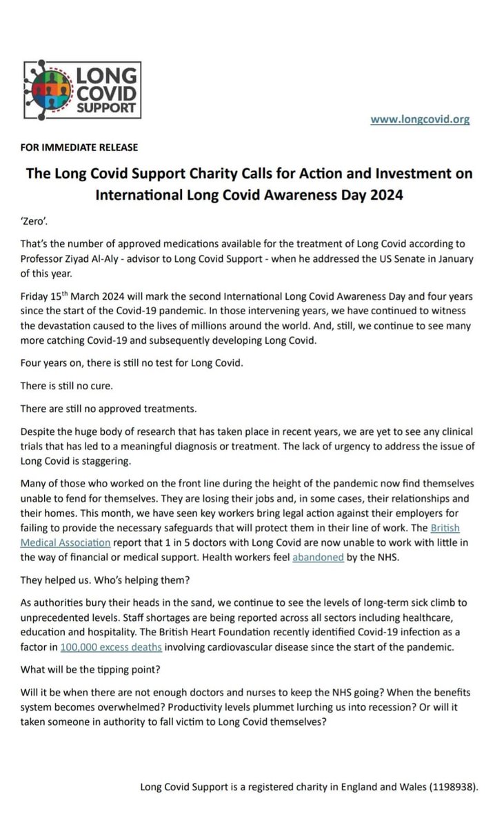long_covid's tweet photo. 🚨The Long Covid Support Charity’s #LongCovidAwarenessDay 2024 statement🚨

We call on all governments to:

🔴Invest in research for #LongCovid treatments 
🔴Monitor prevalence
🔴Invest in clean indoor air
And more!

⬇️ Read our full statement &amp; share widely!
#ConfrontLongCovid https://t.co/YUivvFlFtv
