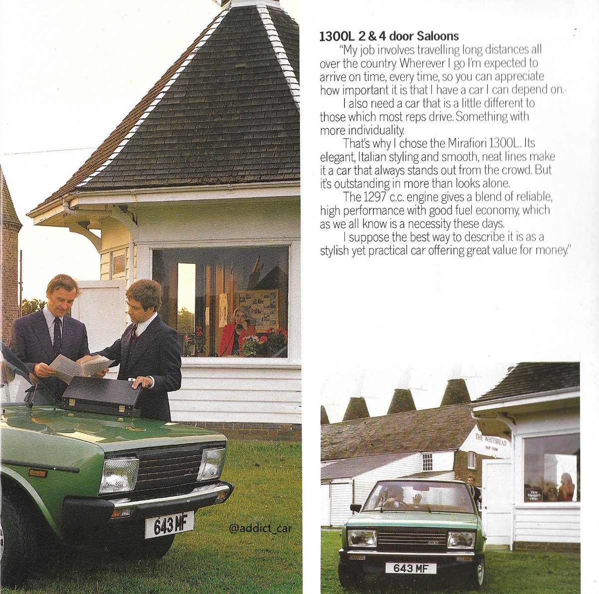 Fiat UK used the name Mirafiori in preference to 131 for its mid-range offering, targeted at the British fleet market in this 1978 brochure. It shows the 1300L and 1600CL saloons in facelifted series 2 form, recognisable by new lights front and rear. #carbrochure #Fiat