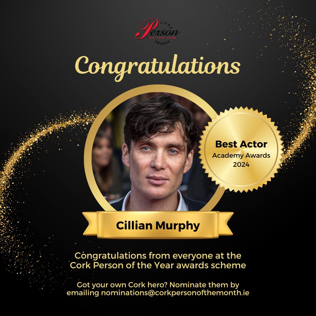 Congratulations to Cillian Murphy on winning Best Actor at this year's Academy Awards! 🌟

Got your own Cork hero? Nominate them for a Cork Person of the Month award by emailing nominations@corkpersonofthemonth.ie

#oscars #cillianmurphy #academyawards #cork #cpoty