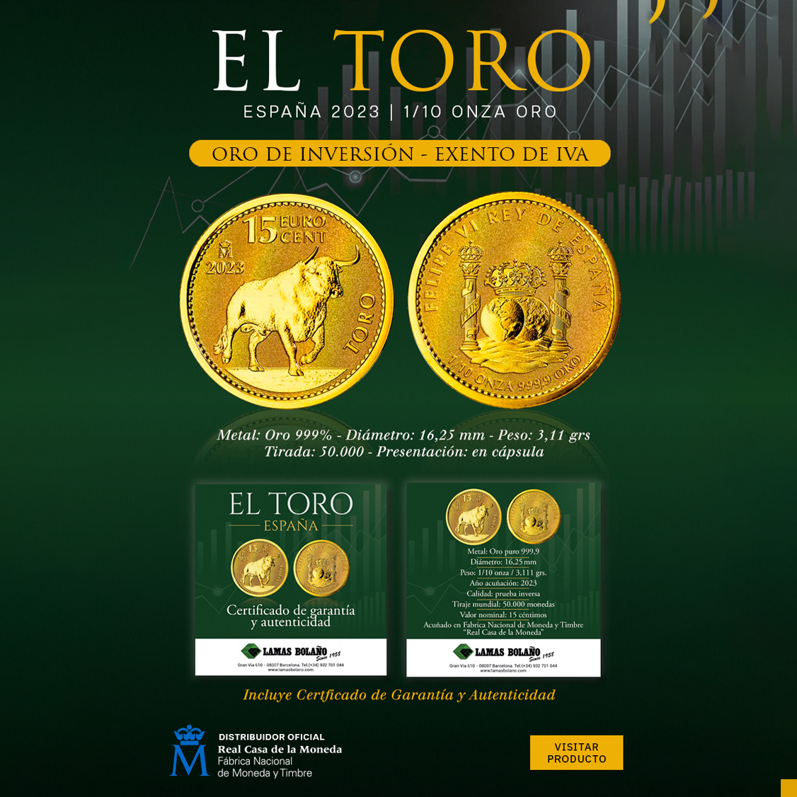 Moneda El Toro de 1/10 onza de oro bullion. Acuñada por la FNMT en el 2023 con una tirada de 50.000 unidades.
lamasbolano.com/monedas-de-oro…