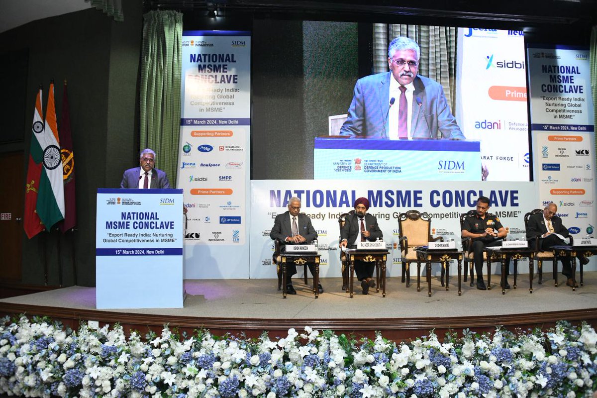 'Inviting MSMEs to engage with MAKE I & II, newly launched iDEX(ADITI) schemes, offering seamless avenues to design, develop,& manufacture critical systems and components.' Shri Giridhar Armane,Defence Secretary, delivered the keynote address at #NationalMSMEDefenceConclave 2024.