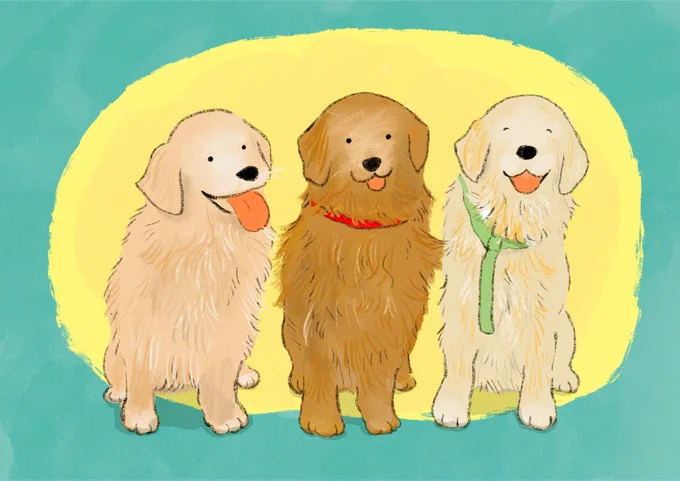 個人様からのオーダーで3頭の可愛い愛犬たちを描かせていただきました。確かに残しておきたくなる輝く素敵な笑顔が印象的。私の愛犬のゴールデンレトリバーを思い出しながら書きました。 