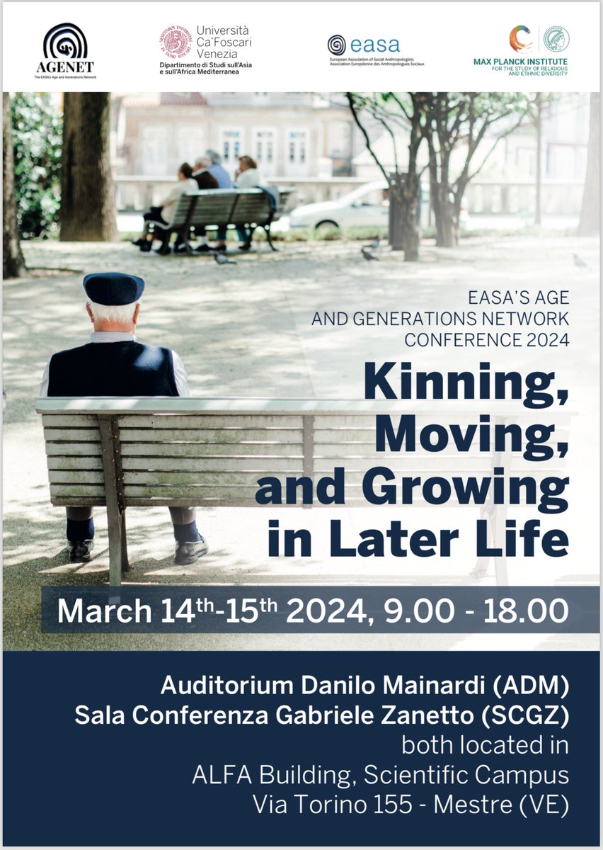 The 2nd day of EASA's AGENET Network Conference Kinning, Moving, and Growing in Later Life is staring now! Programme and book of abstracts: ageneteasa.org/easa-agenet-co… Use #AGENET2024 to share news and photos from conference! @EASAinfo @ageneteasa @CaFoscari @mpimmg @agemig_MPI