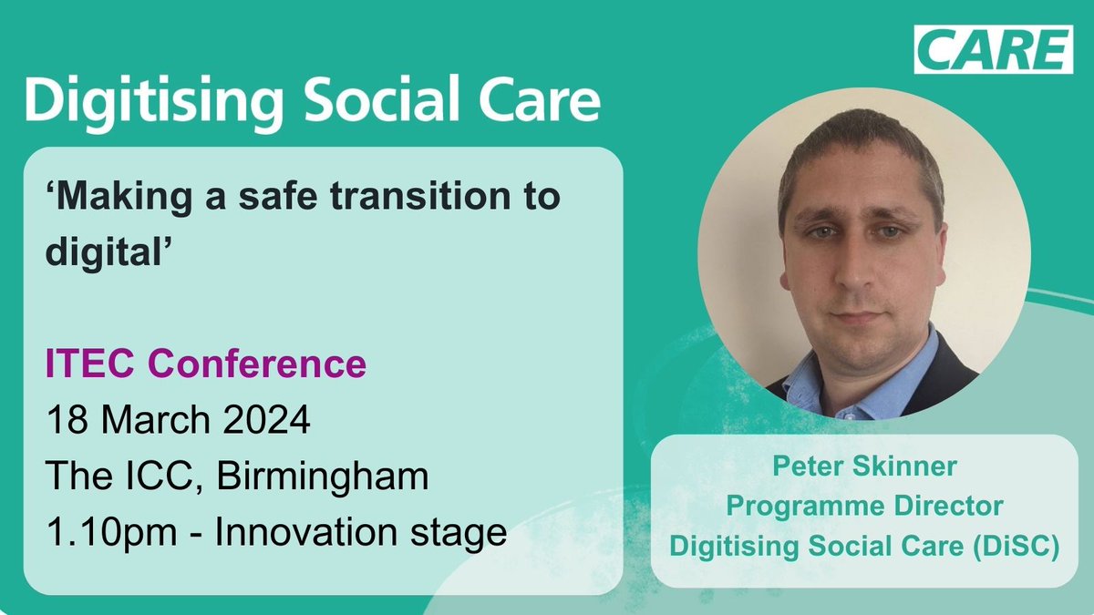 If you're planning on being at the ITEC Conference on the 18 March in Birmingham, don't miss this session on 'Making a safe transition to digital' 🤩 Speakers include our @DigiSocCare colleague Peter Skinner 🙌 View the full programme 👇 itecconf.org.uk/programme/ @DiSC_Peter