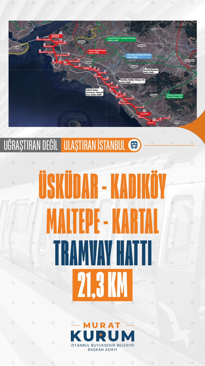 murat_kurum's tweet photo. Üsküdar ve Kadıköy ile Maltepe ve Kartal'ı birbirine bağlayacak 21,3 km uzunluğundaki tramvay hattımızla rahat, konforlu ve güvenli bir ulaşım imkanı hazırlıyoruz. Bu projemizi ilk 5 yılda hemşehrilerimizin hizmetine sunacağız. https://t.co/7V1CkDk3ec