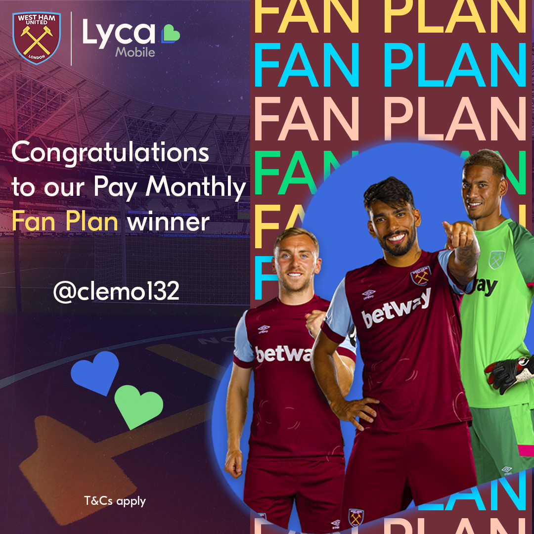 The raffle winner from the Brentford game is… @clemo132😊 Enjoy the signed @westham football shirt. Win exclusive monthly prizes when you get one of our Pay Monthly Fan Plans. Buy now for a chance to win meet the players, match tickets or signed merch utm.io/ugGtH#COYI