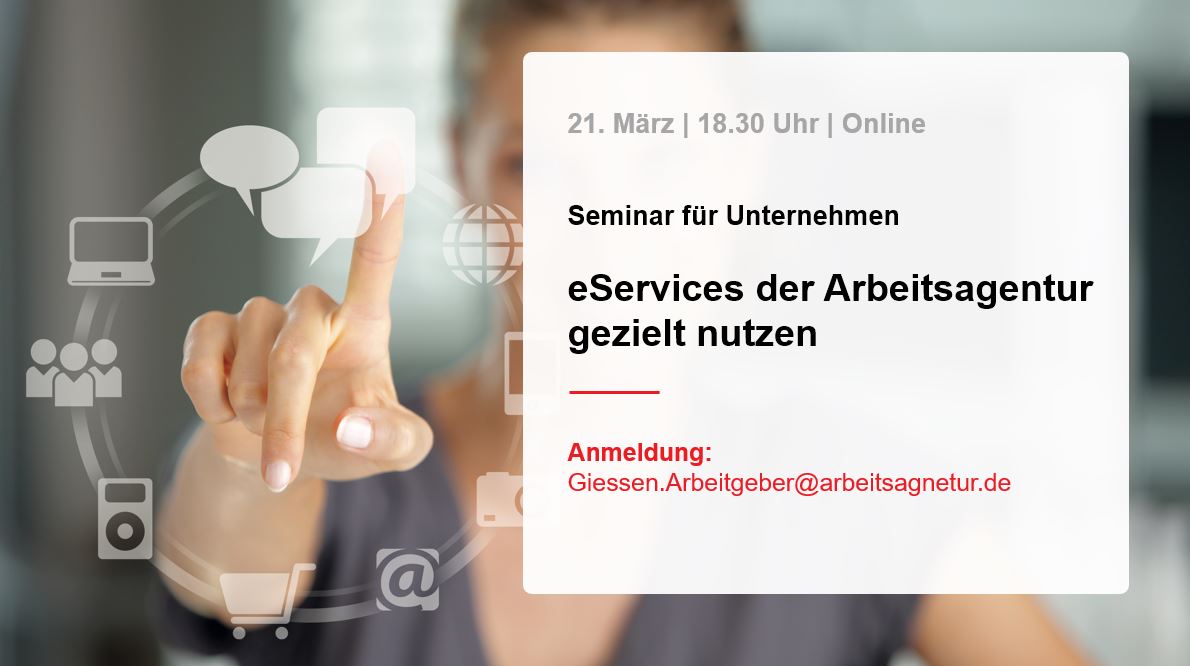 Wie die vielfältigen #Online Angebote der #Arbeitsagentur für #Unternehmen genutzt werden können erfahren #Arbeitgeber im Online #Seminar

⏰21. März | 18.30 Uhr
💻Anmeldung: Giessen.Arbeitgeber@arbeitsagentur.de

#Giessen #mittelhessen #vogelsberg #wetterau