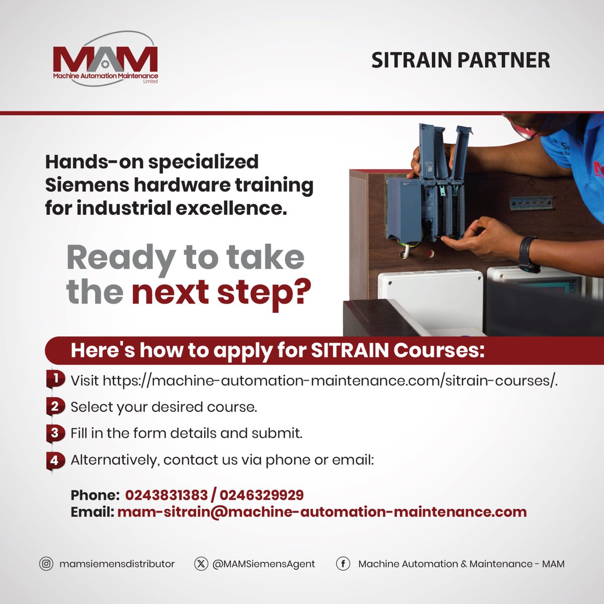 MAMSiemensAgent's tweet photo. Equip your industry workers with specialized hands-on @Siemens hardware training for industrial excellence. Follow these steps to register for #Sitrain courses.👇

#Automation #MAMSiemensDistributor #Siemens #CertifiedTraining. https://t.co/jpZUxTgaD0