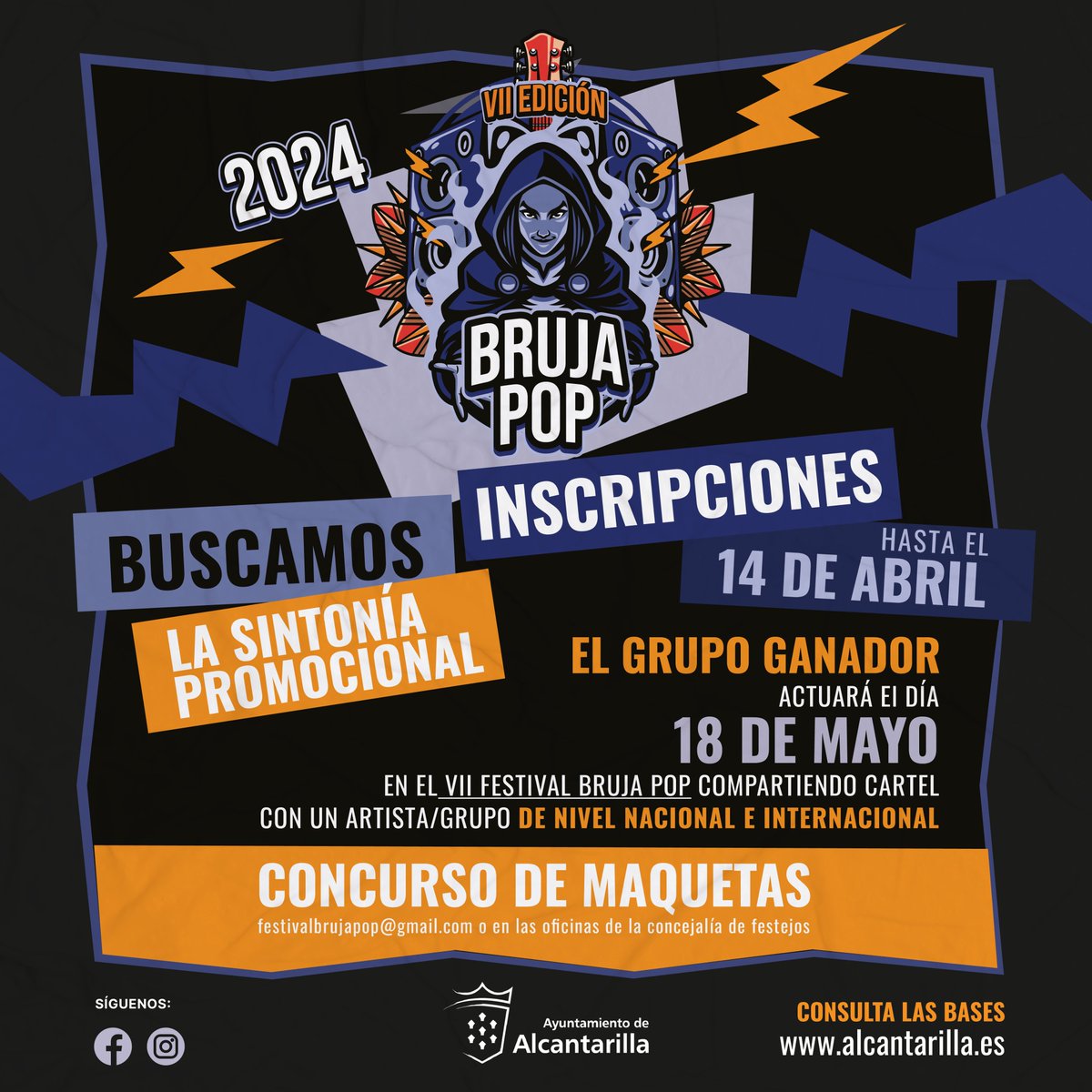 🎸Abierto el plazo para participar en el Bruja Pop 2024. Envía tu maqueta antes del 14 de abril a festivalbrujapop@gmail.com. Los finalistas actuarán en directo en la plaza Adolfo Suárez y el ganador tocará en las Fiestas de Mayo Bases en 👉 alcantarilla.es #Alcantarilla