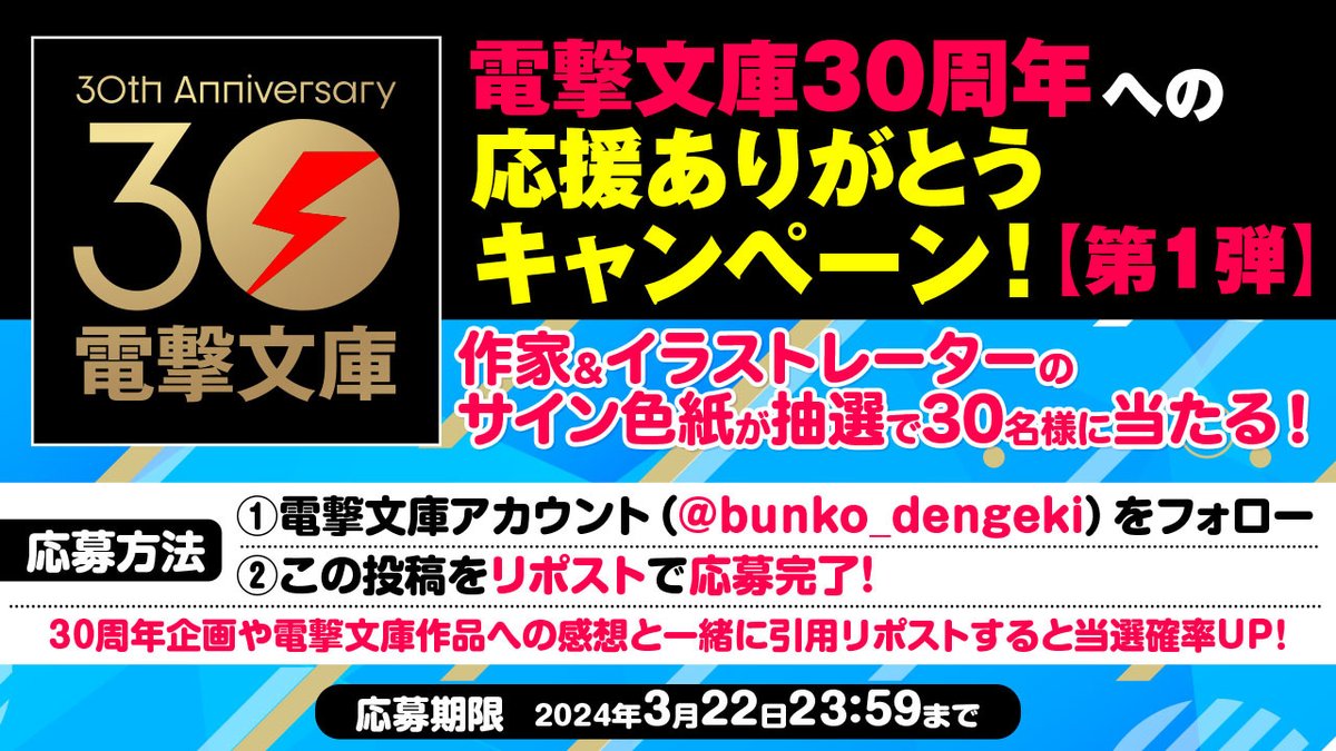 bunko_dengeki's tweet photo. ⚡電撃文庫30周年応援感謝！⚡
フォロー＆リポストキャンペーン【第１弾】

感謝の気持ちを込めて、電撃文庫ゆかりの作家＆イラストレーターの皆様のサイン色紙を抽選で３０名様にプレゼント！

キャンペーン概要・第１弾でのプレゼント内容は、画像＆スレッドもチェック▽

⚡応募方法
①電撃文庫公式アカウント（@bunko_dengeki）をフォロー 
②本ポストをリポスト

さらに、30周年企画や電撃文庫作品の感想と一緒に引用リポストすると当選確率UP✨

⚡応募期間
3月22日(金)23:59まで