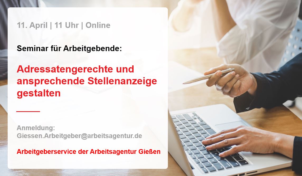 Wie gestalten Sie als #Unternehmen eine adressatengerechte und ansprechende #Stellenanzeige?

Der #Arbeitgeber|service der #Arbeitsagnetur #Giessen gibt Tipps:

👉11. April um 11 Uhr
👉Anmeldung: Giessen.Arbeitgeber@arbeitsagentur.de

#Online #Seminar #Wetterau #vogelsberg