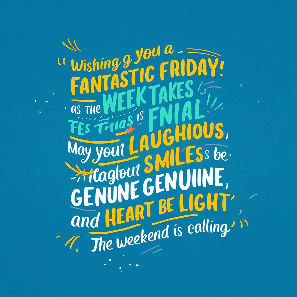 “Wishing you a fantastic Friday! As the week takes its final bow, may your laughter be contagious, your smiles be genuine, and your heart be light. The weekend is calling!”