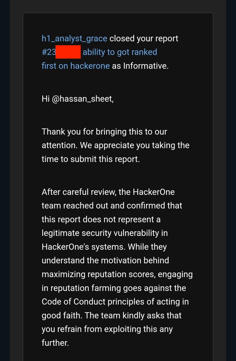 hasansheet's tweet photo. BUG : unlimited reputation in hackerone platform ! Closed as informative !
@Hacker0x01 https://t.co/2rZJ7fDwIs