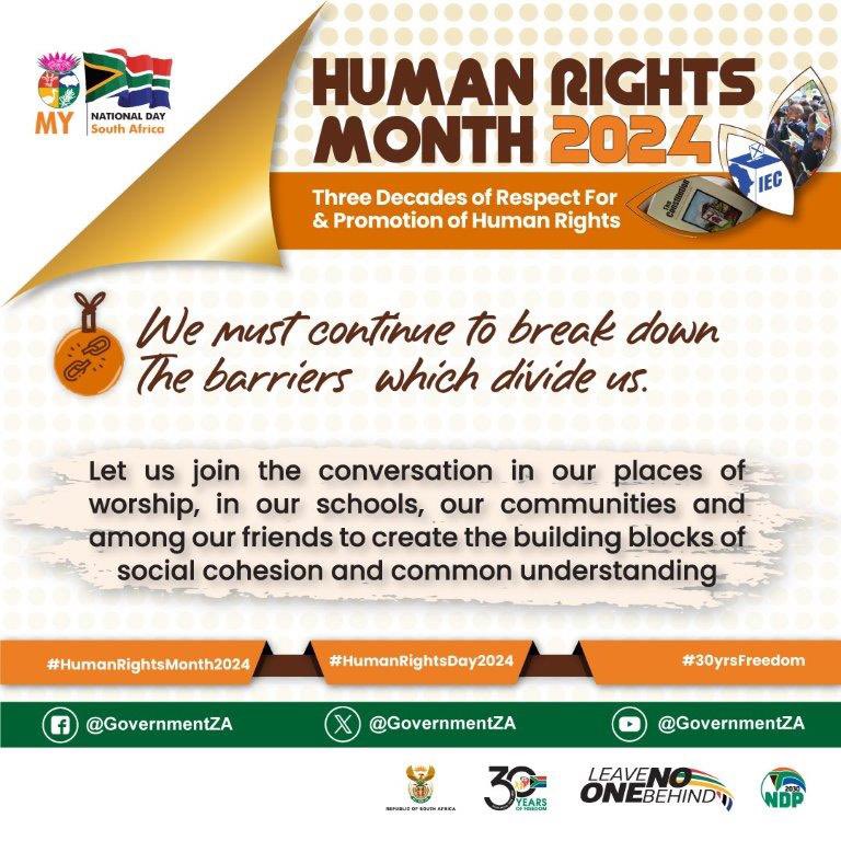 6 Days till Human Rights We live amongst other human beings which means our humanity is bound by the next person, for we are human together. May we all respect and embrace our differences. #HumanRightsDay2024 #HumanRightsMonth2024 #30YrsFreedom