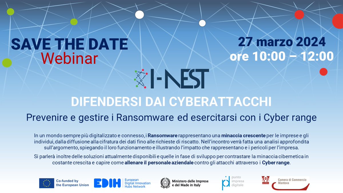CCIAA_CMP's tweet image. #SaveTheDate 𝟐𝟕 𝐦𝐚𝐫𝐳𝐨 𝟐𝟎𝟐𝟒 #webinar gratuito 𝐃𝐢𝐟𝐞𝐧𝐝𝐞𝐫𝐬𝐢 𝐝𝐚𝐥 #𝐜𝐲𝐛𝐞𝐫𝐚𝐭𝐭𝐚𝐪𝐮𝐞 ➡️shorturl.at/jmrA6
#pid @unioncamere #impresa40 #digitaltransformation
