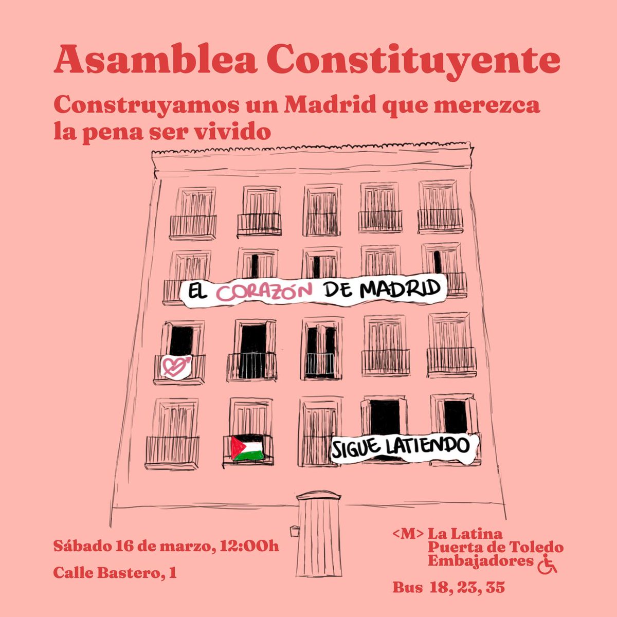 💘 Hemos demostrado que el corazón de Madrid sigue latiendo, por eso queremos invitaros a la asamblea constituyente del espacio que hemos liberado en Calle Bastero 1, para pensar entre todes el proyecto de Centro Social que queremos. ¡Os esperamos mañana sábado 16 a las 12.00h!